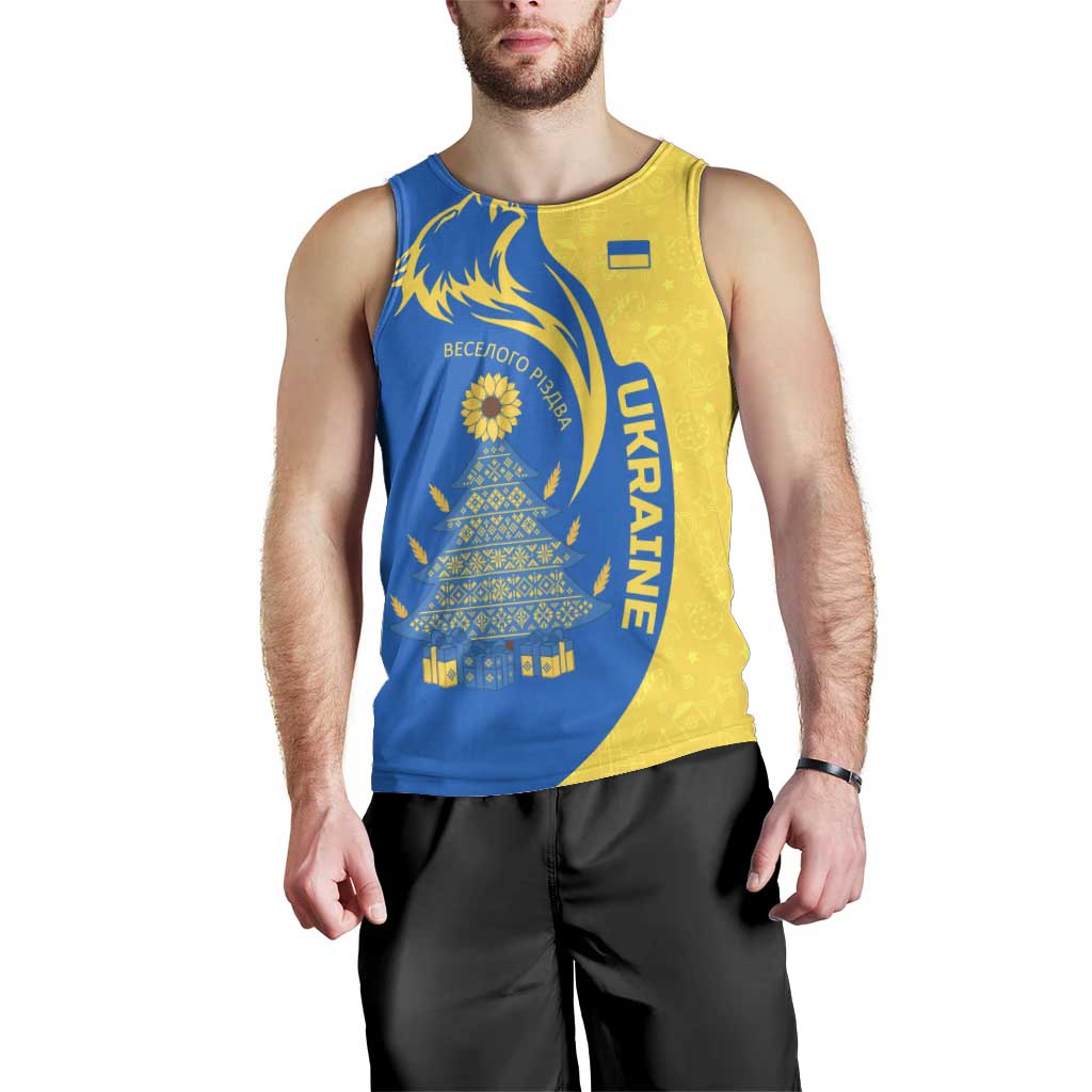 Ukraine Christmas Men Tank Top with Howling Wolf Sunflower Tree and Traditional Ornament Design - Wonder Print Shop