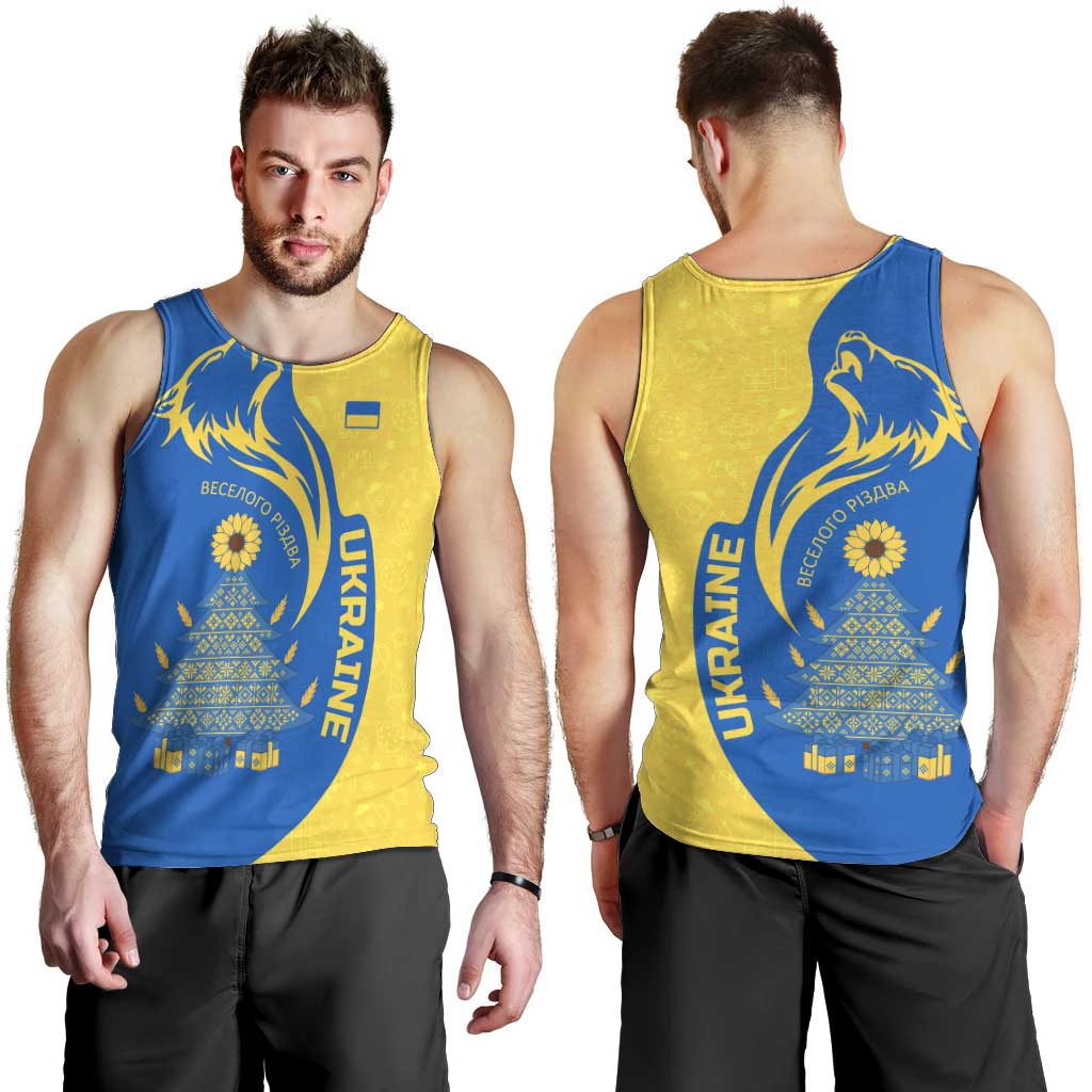 Ukraine Christmas Men Tank Top with Howling Wolf Sunflower Tree and Traditional Ornament Design - Wonder Print Shop