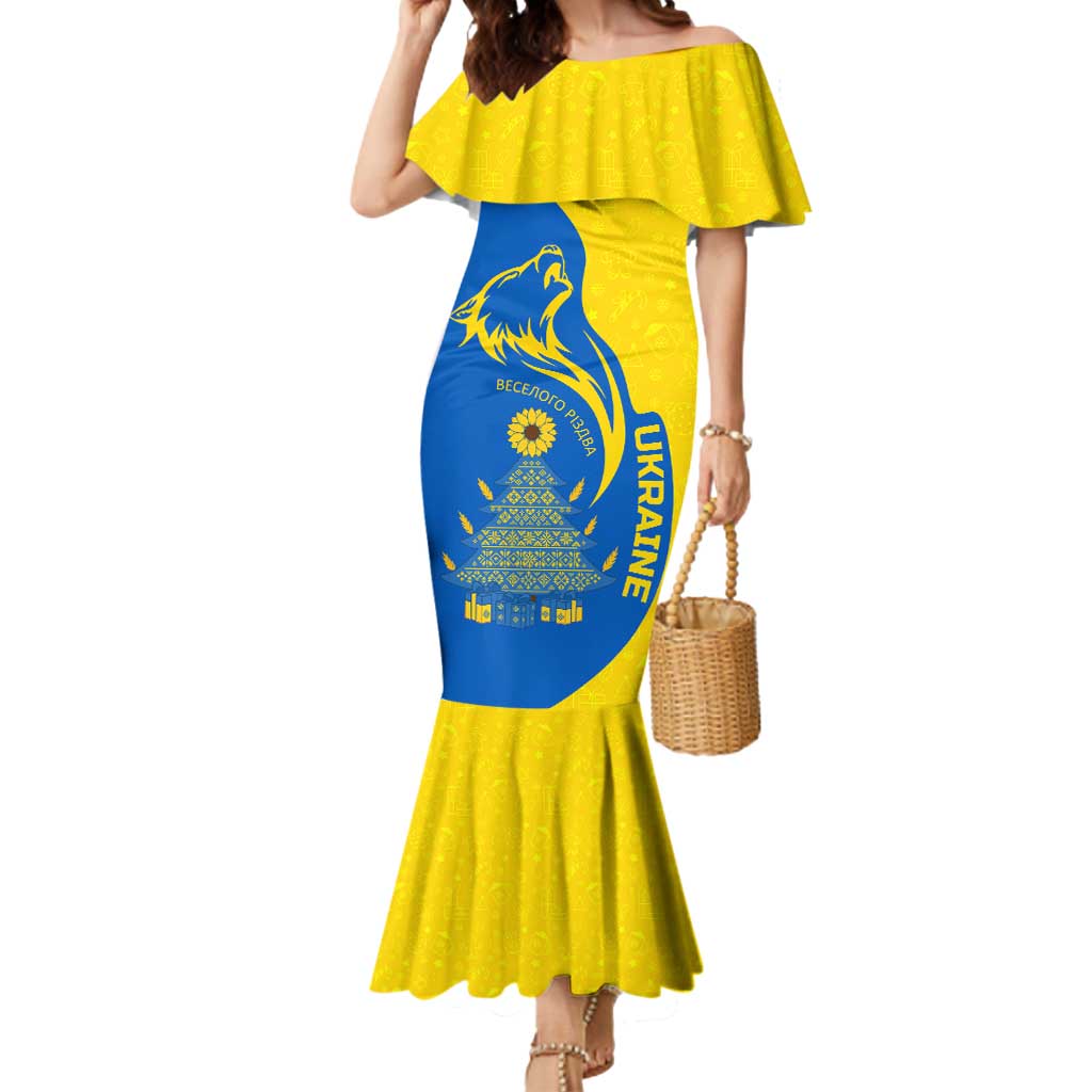 Ukraine Christmas Mermaid Dress with Howling Wolf Sunflower Tree and Traditional Ornament Design - Wonder Print Shop