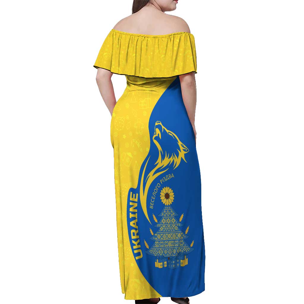 Ukraine Christmas Off Shoulder Maxi Dress with Howling Wolf Sunflower Tree and Traditional Ornament Design - Wonder Print Shop