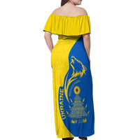 Ukraine Christmas Off Shoulder Maxi Dress with Howling Wolf Sunflower Tree and Traditional Ornament Design - Wonder Print Shop