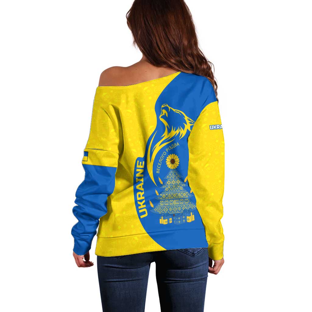 Ukraine Christmas Off Shoulder Sweater with Howling Wolf Sunflower Tree and Traditional Ornament Design - Wonder Print Shop