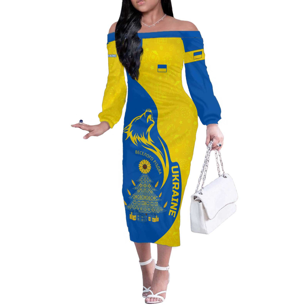 Ukraine Christmas Off The Shoulder Long Sleeve Dress with Howling Wolf Sunflower Tree and Traditional Ornament Design - Wonder Print Shop