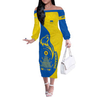 Ukraine Christmas Off The Shoulder Long Sleeve Dress with Howling Wolf Sunflower Tree and Traditional Ornament Design - Wonder Print Shop