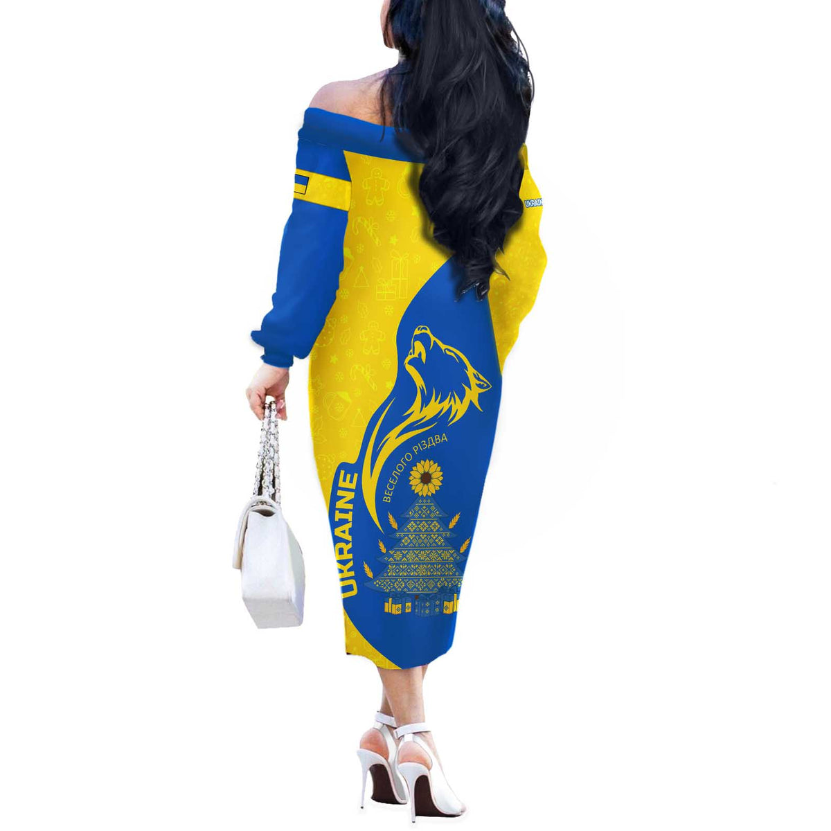 Ukraine Christmas Off The Shoulder Long Sleeve Dress with Howling Wolf Sunflower Tree and Traditional Ornament Design - Wonder Print Shop