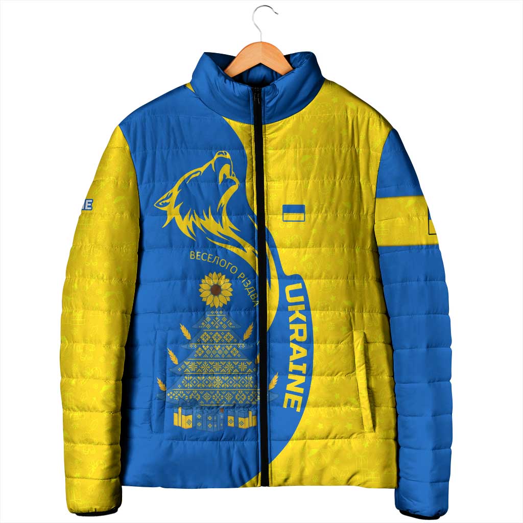 Ukraine Christmas Padded Jacket with Howling Wolf Sunflower Tree and Traditional Ornament Design - Wonder Print Shop