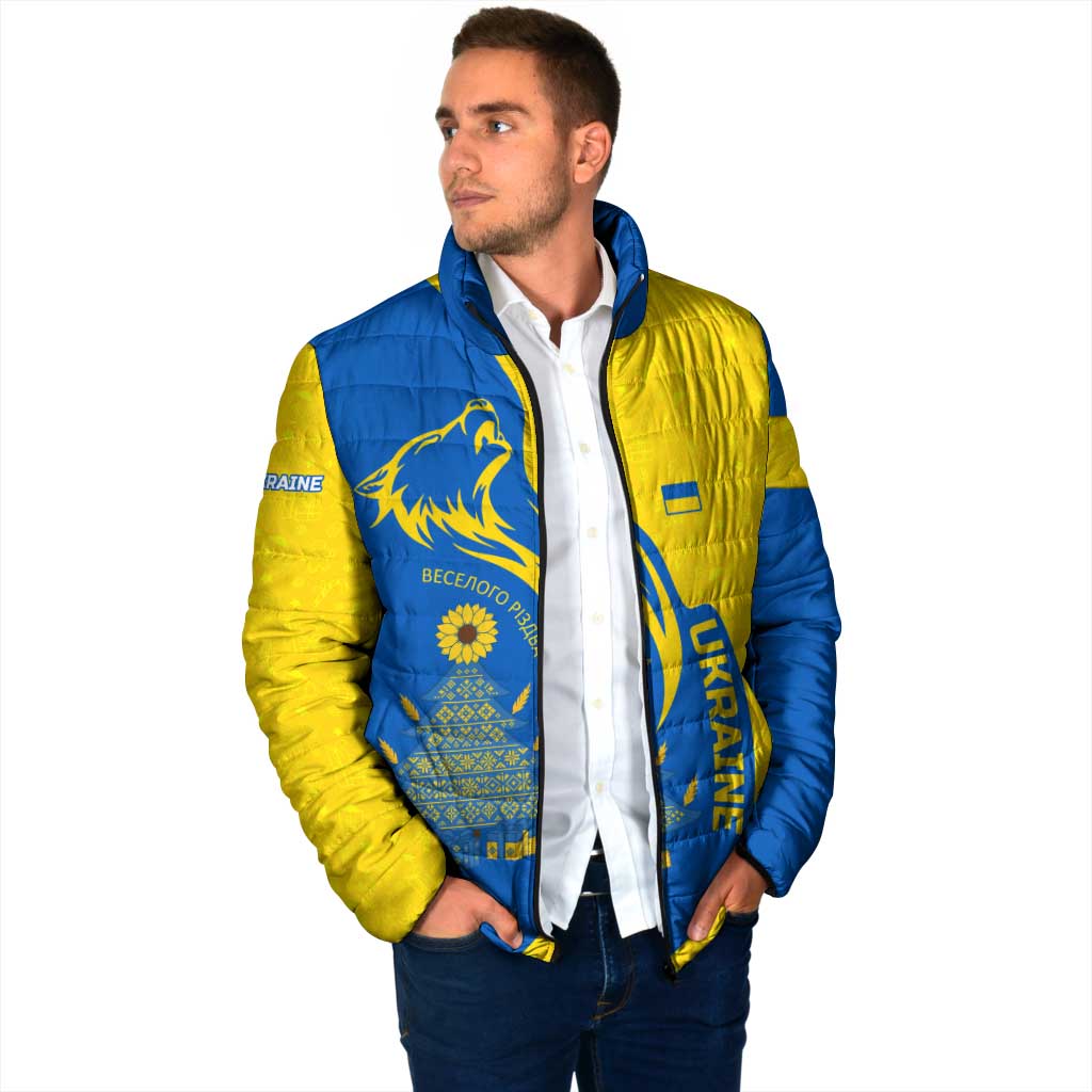 Ukraine Christmas Padded Jacket with Howling Wolf Sunflower Tree and Traditional Ornament Design - Wonder Print Shop
