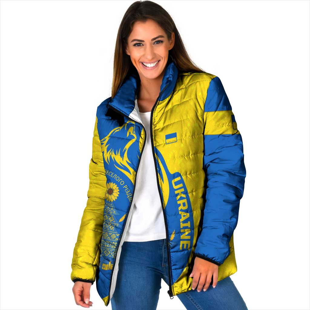 Ukraine Christmas Padded Jacket with Howling Wolf Sunflower Tree and Traditional Ornament Design - Wonder Print Shop