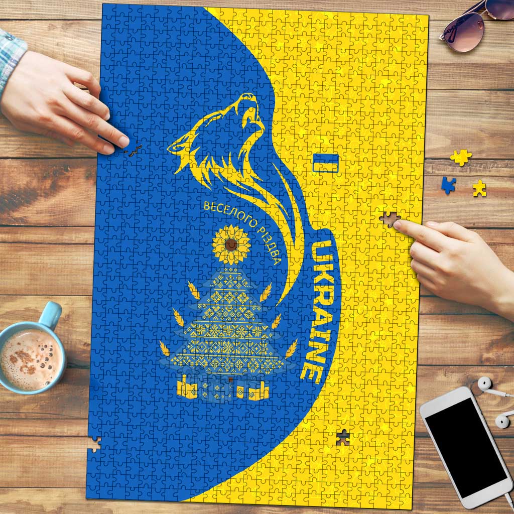 Ukraine Christmas Puzzle with Howling Wolf Sunflower Tree and Traditional Ornament Design - Wonder Print Shop