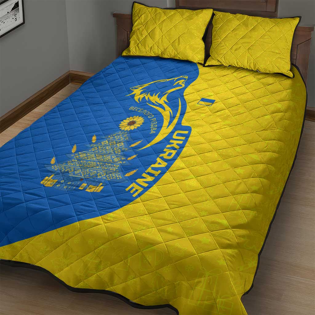 Ukraine Christmas Quilt Bed Set with Howling Wolf Sunflower Tree and Traditional Ornament Design - Wonder Print Shop