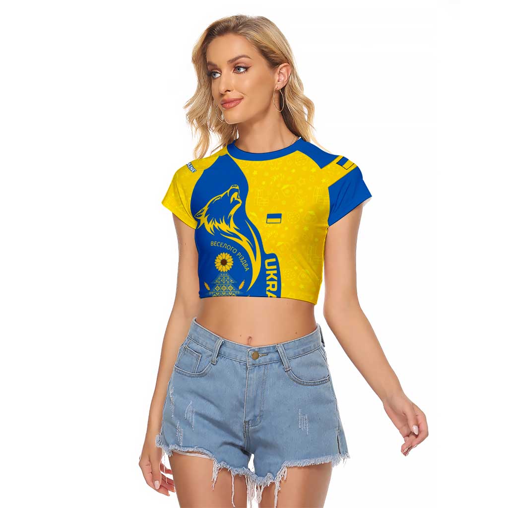 Ukraine Christmas Raglan Cropped T Shirt with Howling Wolf Sunflower Tree and Traditional Ornament Design - Wonder Print Shop