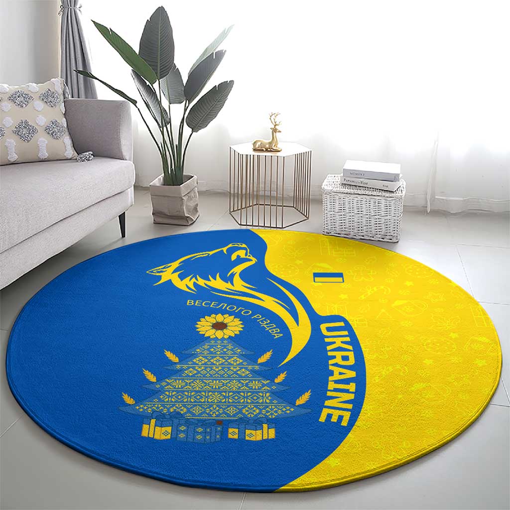 Ukraine Christmas Round Carpet with Howling Wolf Sunflower Tree and Traditional Ornament Design - Wonder Print Shop
