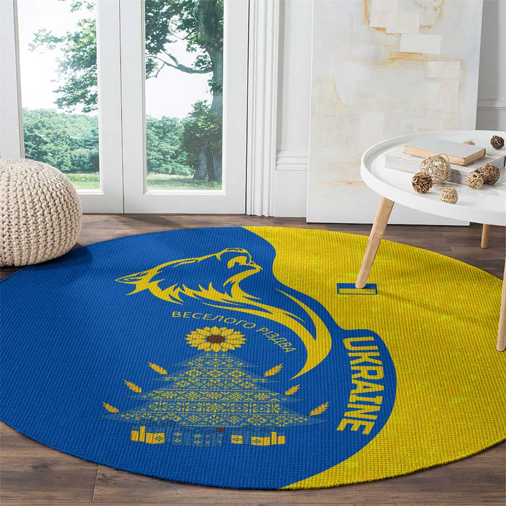 Ukraine Christmas Round Carpet with Howling Wolf Sunflower Tree and Traditional Ornament Design - Wonder Print Shop