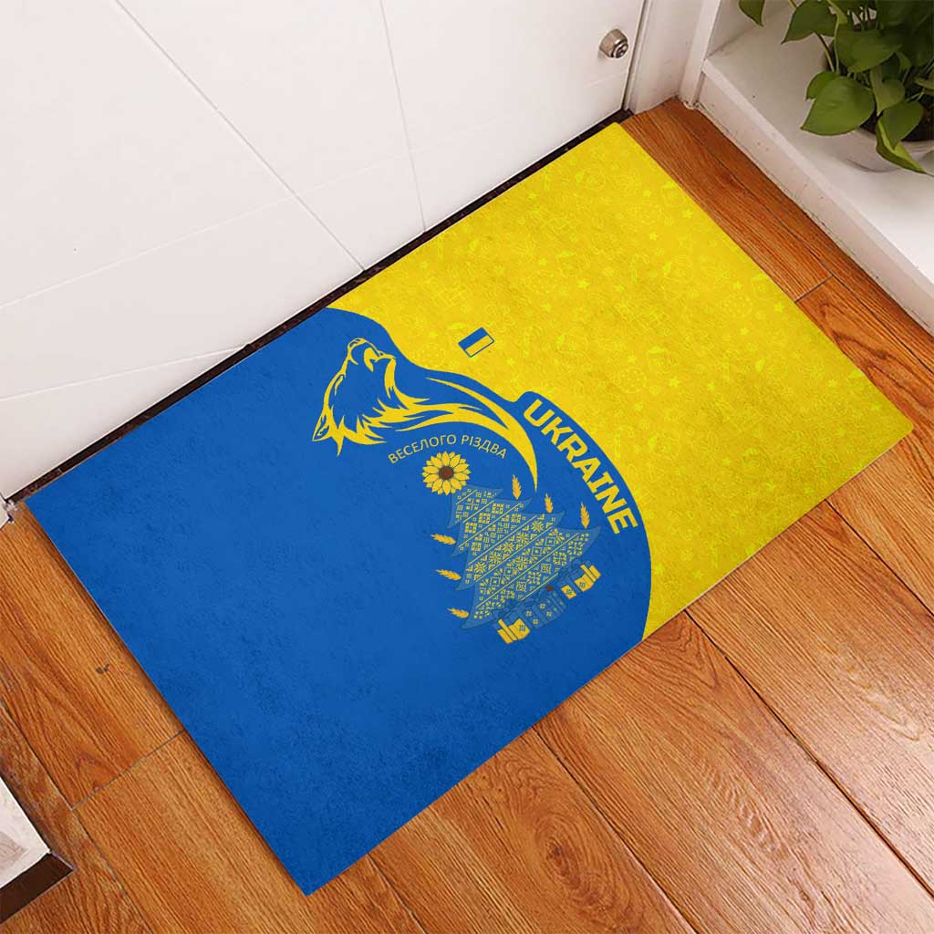 Ukraine Christmas Rubber Doormat with Howling Wolf Sunflower Tree and Traditional Ornament Design - Wonder Print Shop