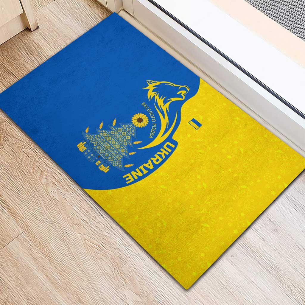Ukraine Christmas Rubber Doormat with Howling Wolf Sunflower Tree and Traditional Ornament Design - Wonder Print Shop