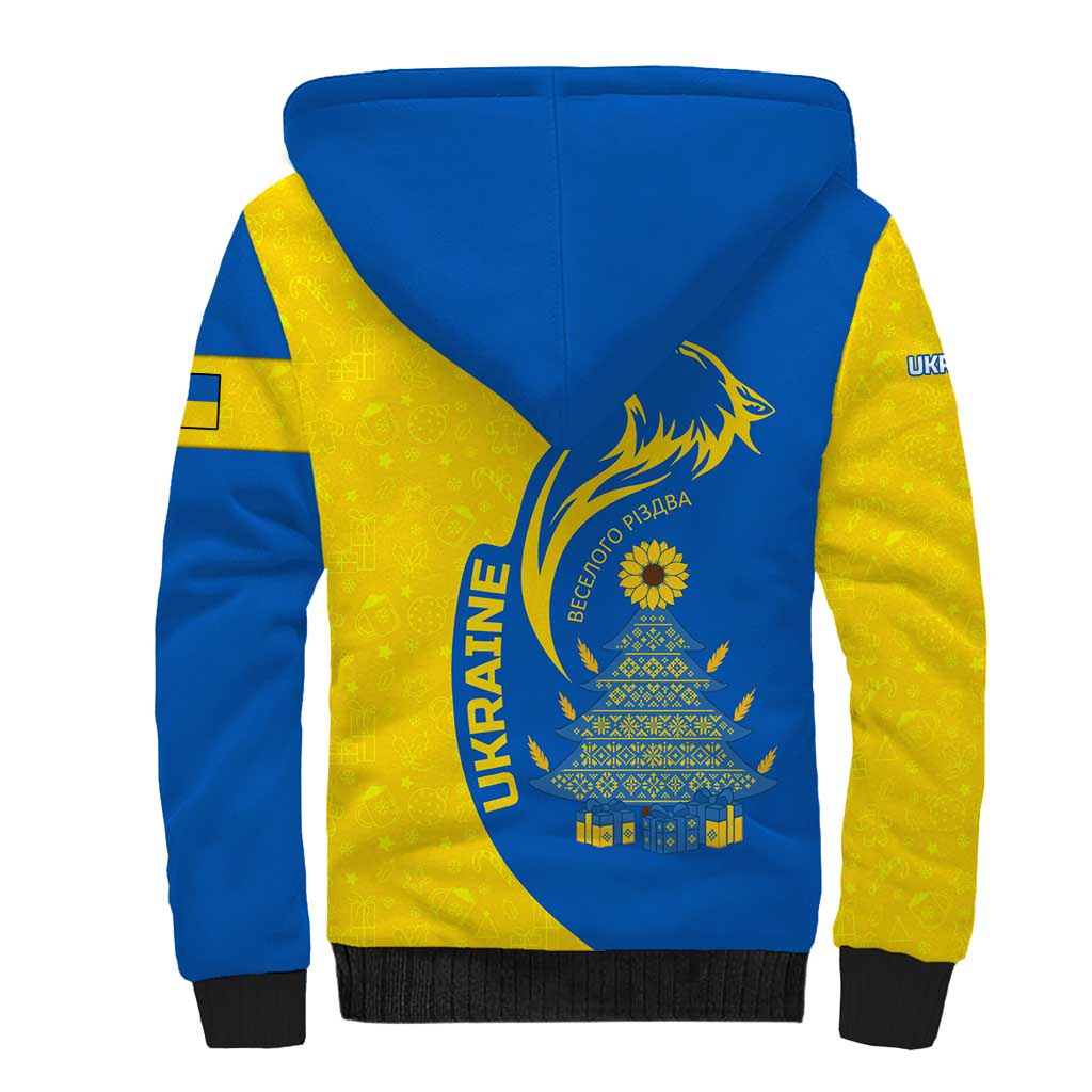 Ukraine Christmas Sherpa Hoodie with Howling Wolf Sunflower Tree and Traditional Ornament Design - Wonder Print Shop