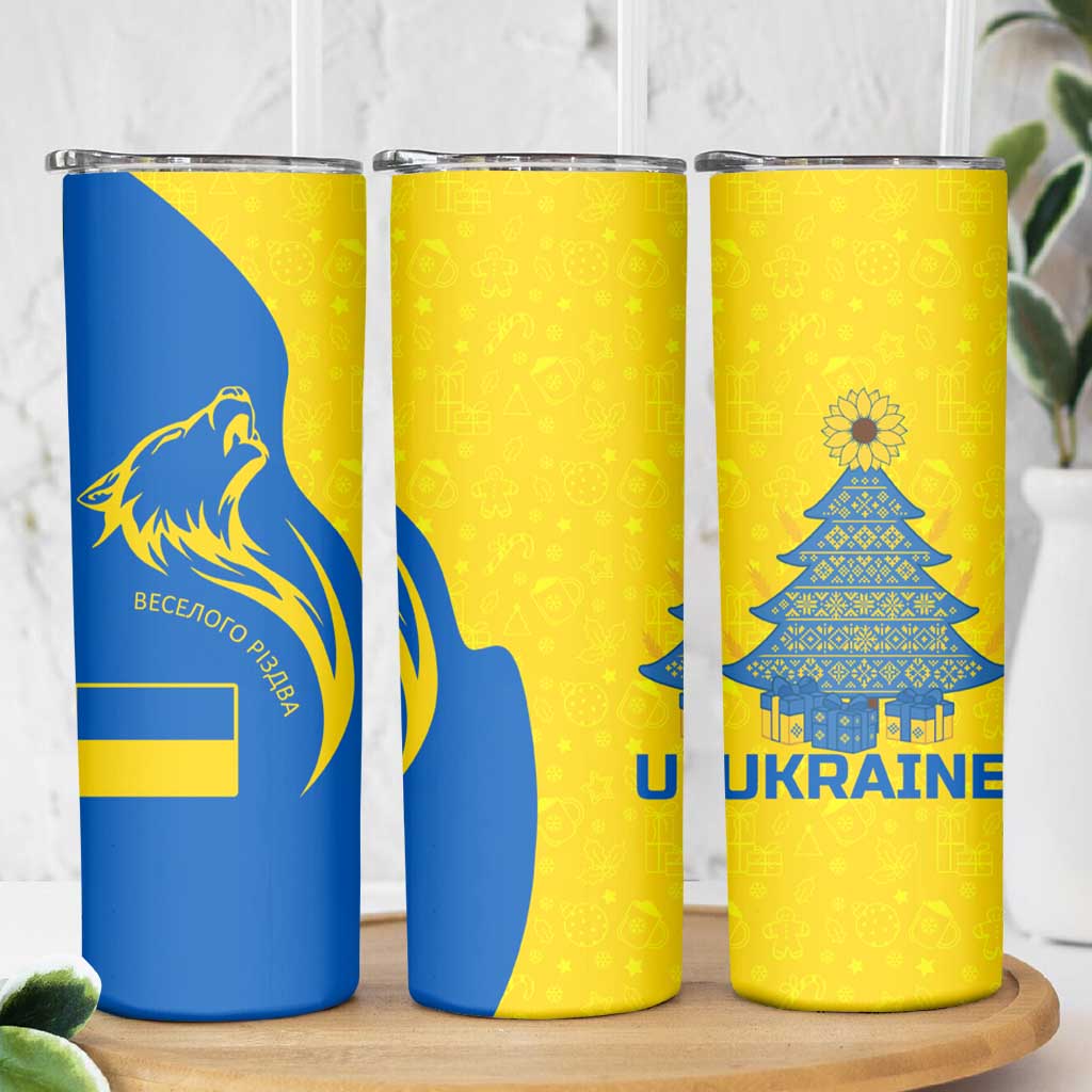Ukraine Christmas Skinny Tumbler with Howling Wolf Sunflower Tree and Traditional Ornament Design - Wonder Print Shop