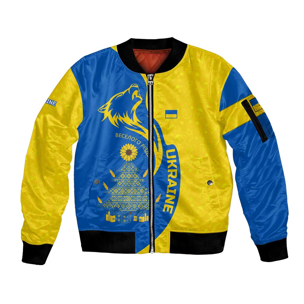 Ukraine Christmas Sleeve Zip Bomber Jacket with Howling Wolf Sunflower Tree and Traditional Ornament Design - Wonder Print Shop
