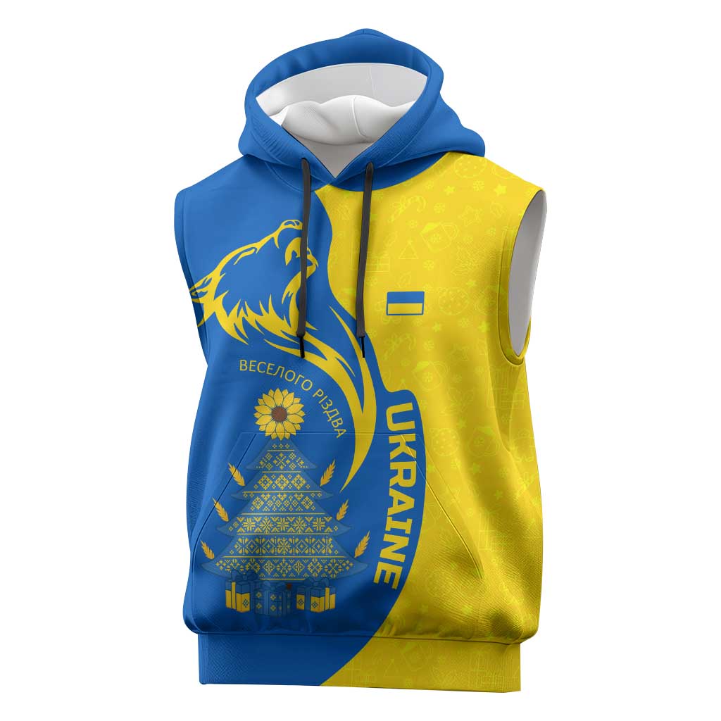 Ukraine Christmas Sleeveless Hoodie with Howling Wolf Sunflower Tree and Traditional Ornament Design - Wonder Print Shop