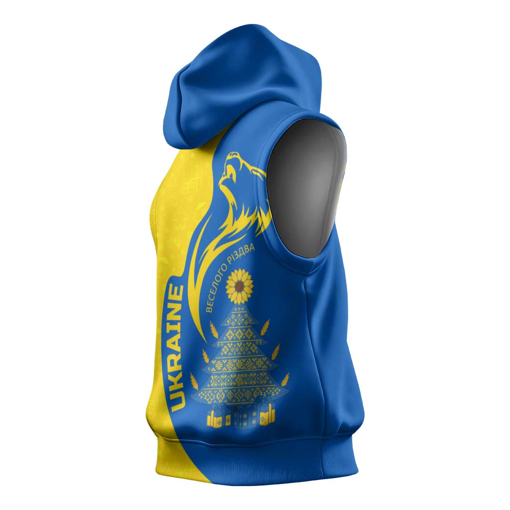 Ukraine Christmas Sleeveless Hoodie with Howling Wolf Sunflower Tree and Traditional Ornament Design - Wonder Print Shop