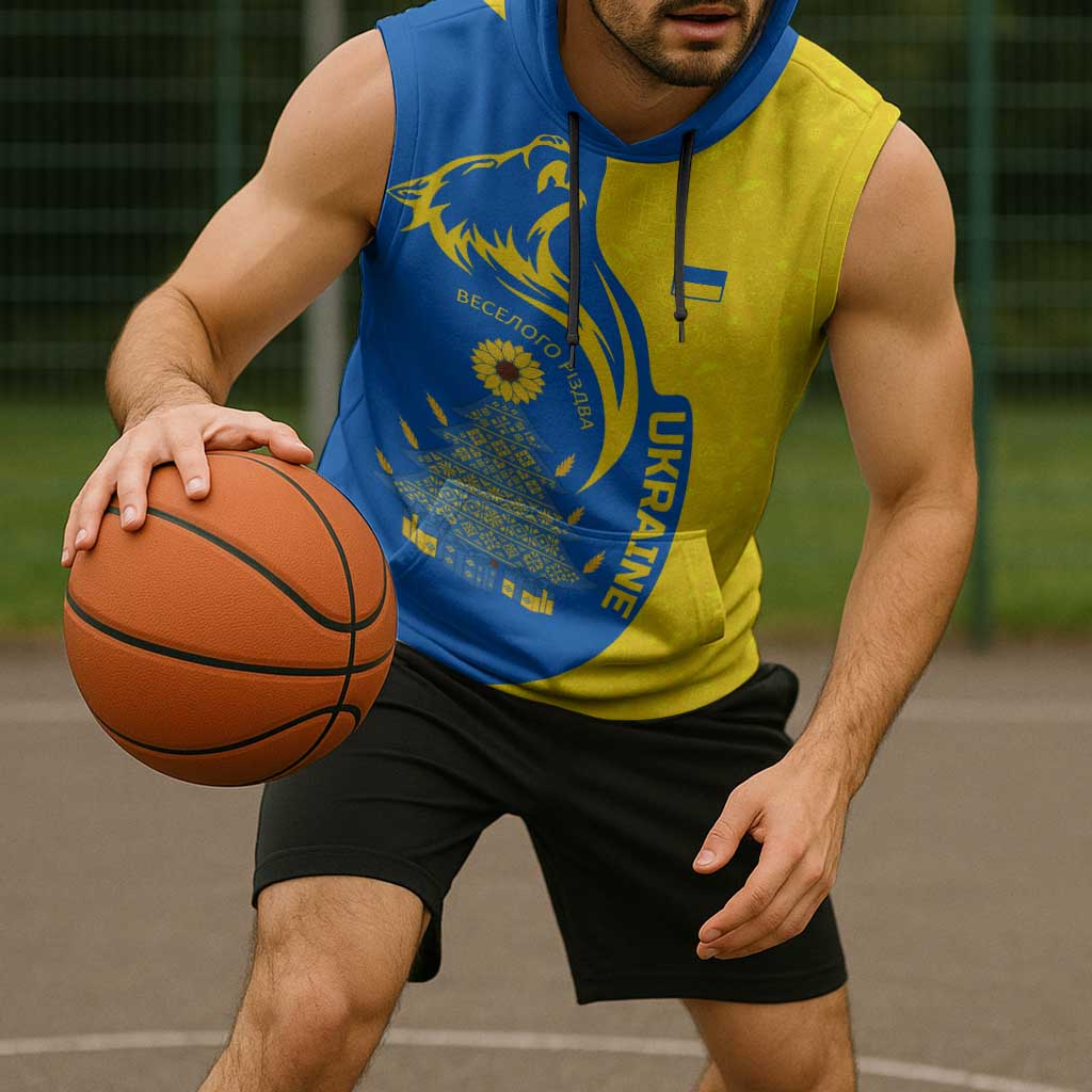 Ukraine Christmas Sleeveless Hoodie with Howling Wolf Sunflower Tree and Traditional Ornament Design - Wonder Print Shop