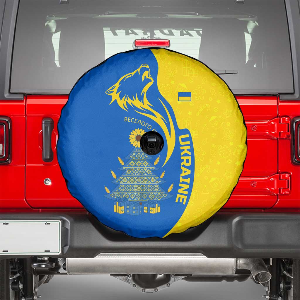 Ukraine Christmas Spare Tire Cover with Howling Wolf Sunflower Tree and Traditional Ornament Design - Wonder Print Shop