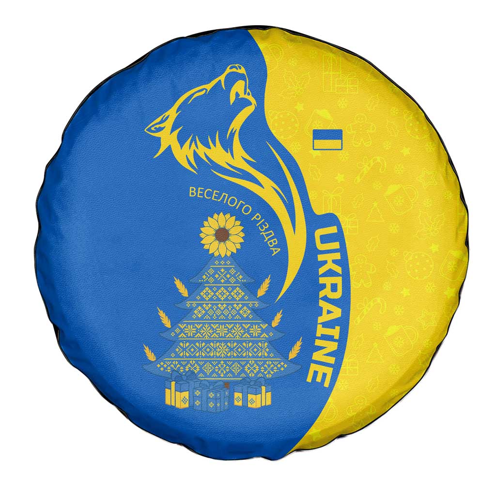Ukraine Christmas Spare Tire Cover with Howling Wolf Sunflower Tree and Traditional Ornament Design - Wonder Print Shop