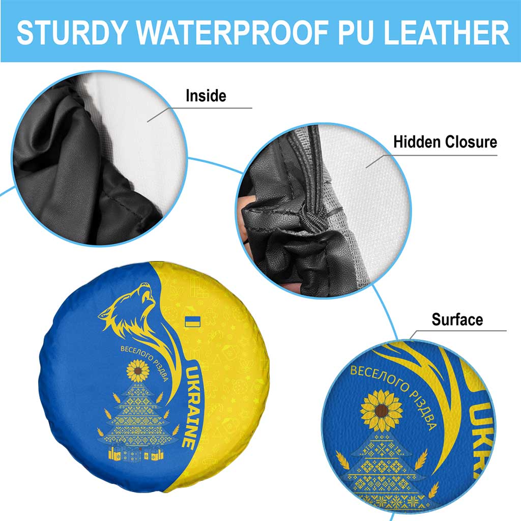 Ukraine Christmas Spare Tire Cover with Howling Wolf Sunflower Tree and Traditional Ornament Design - Wonder Print Shop