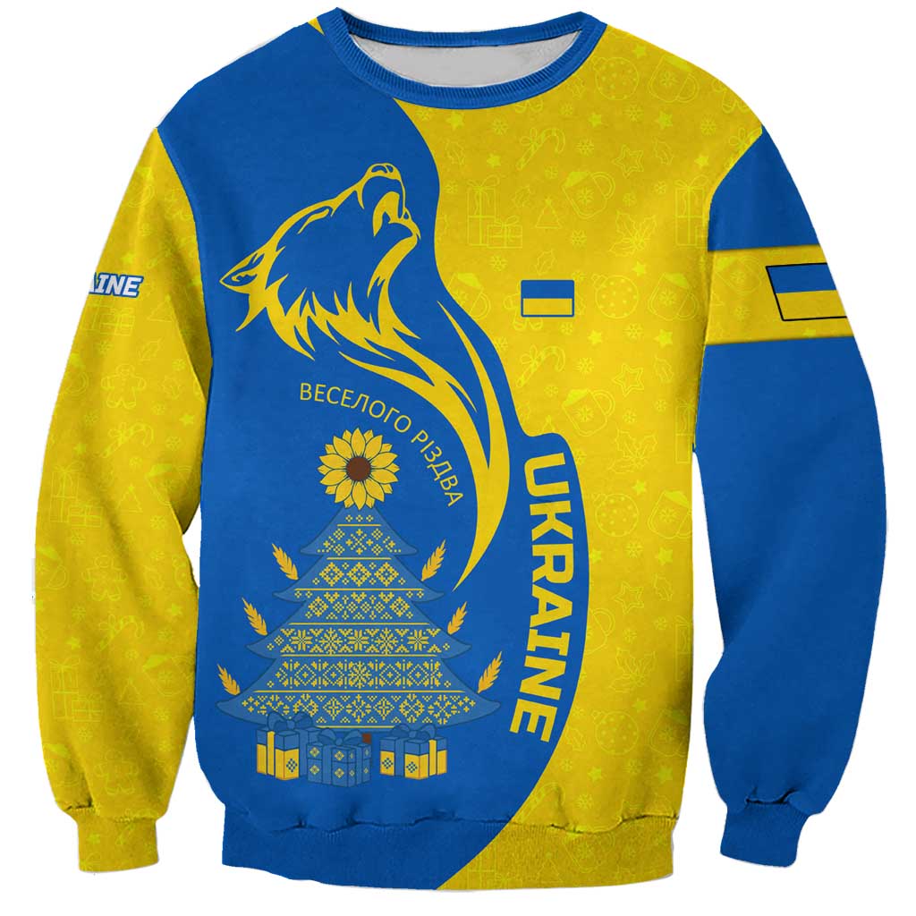 Ukraine Christmas Sweatshirt with Howling Wolf Sunflower Tree and Traditional Ornament Design - Wonder Print Shop