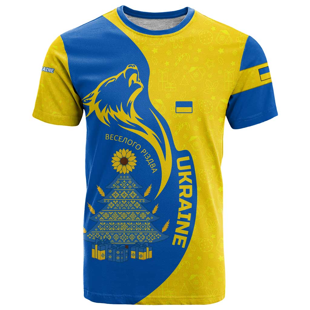 Ukraine Christmas T Shirt with Howling Wolf Sunflower Tree and Traditional Ornament Design - Wonder Print Shop