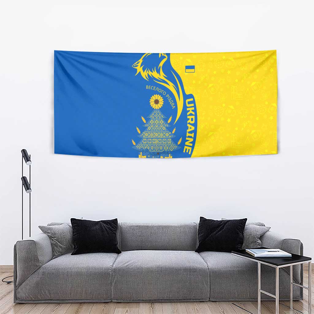Ukraine Christmas Tapestry with Howling Wolf Sunflower Tree and Traditional Ornament Design - Wonder Print Shop