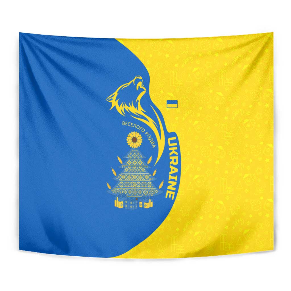 Ukraine Christmas Tapestry with Howling Wolf Sunflower Tree and Traditional Ornament Design - Wonder Print Shop