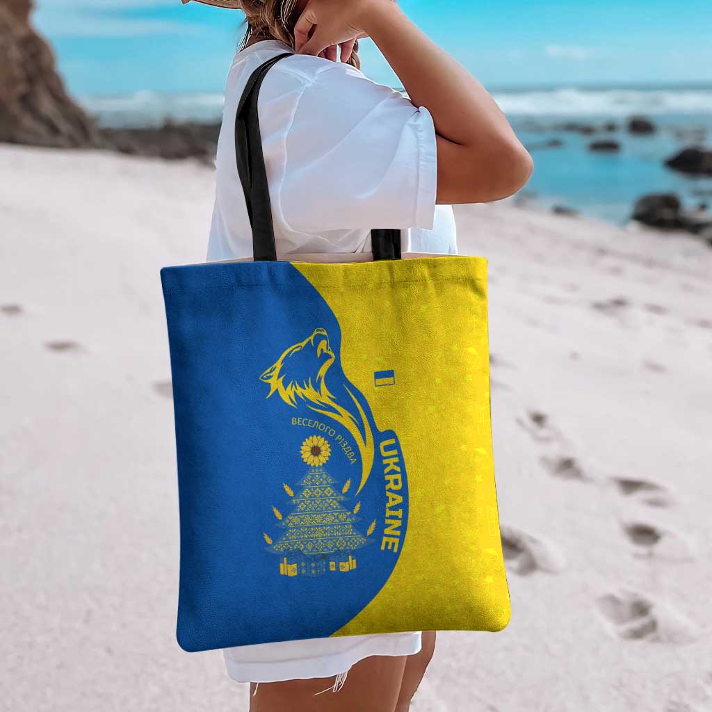 Ukraine Christmas Tote Bag with Howling Wolf Sunflower Tree and Traditional Ornament Design - Wonder Print Shop