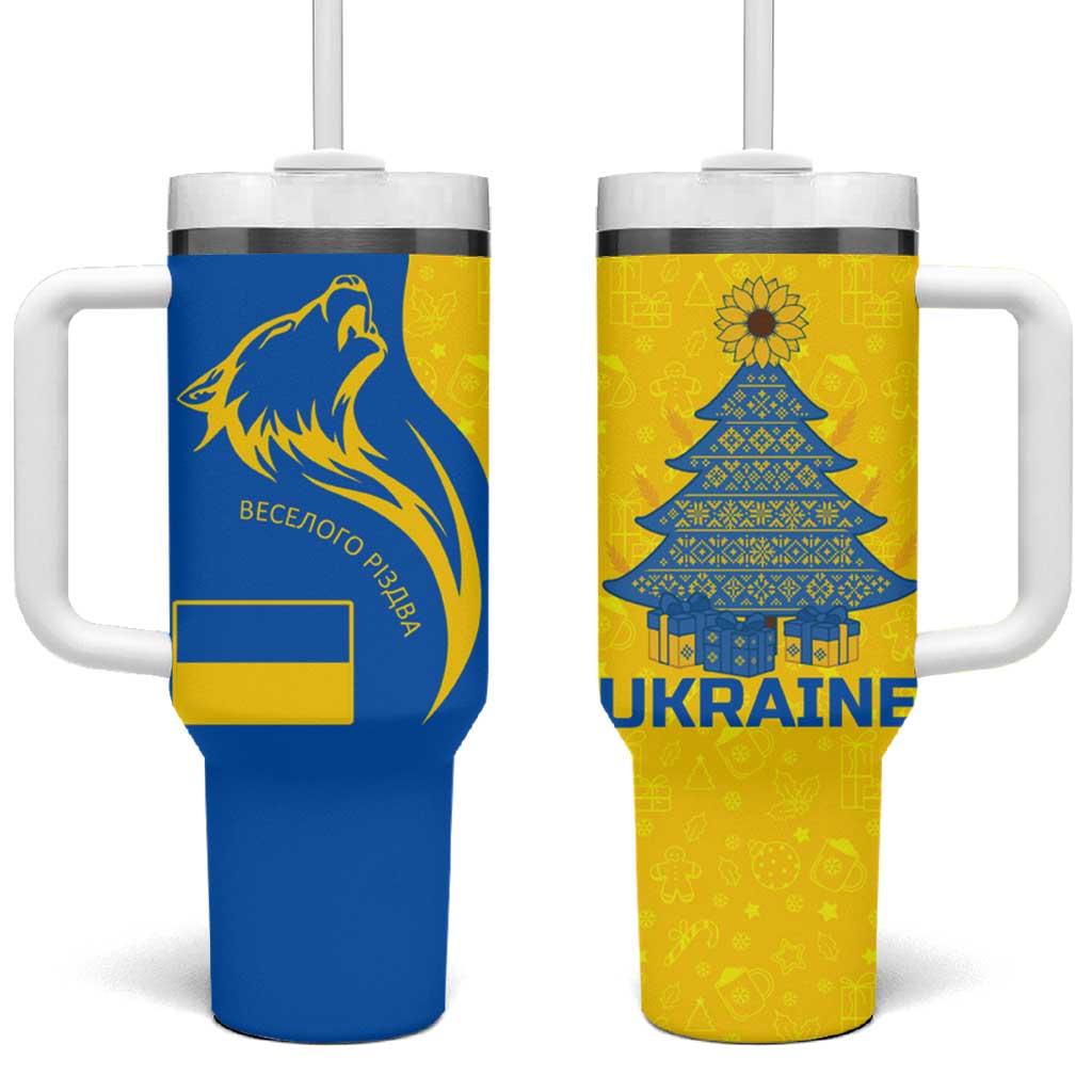 Ukraine Christmas Tumbler With Handle with Howling Wolf Sunflower Tree and Traditional Ornament Design - Wonder Print Shop