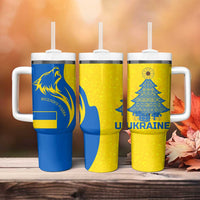 Ukraine Christmas Tumbler With Handle with Howling Wolf Sunflower Tree and Traditional Ornament Design - Wonder Print Shop