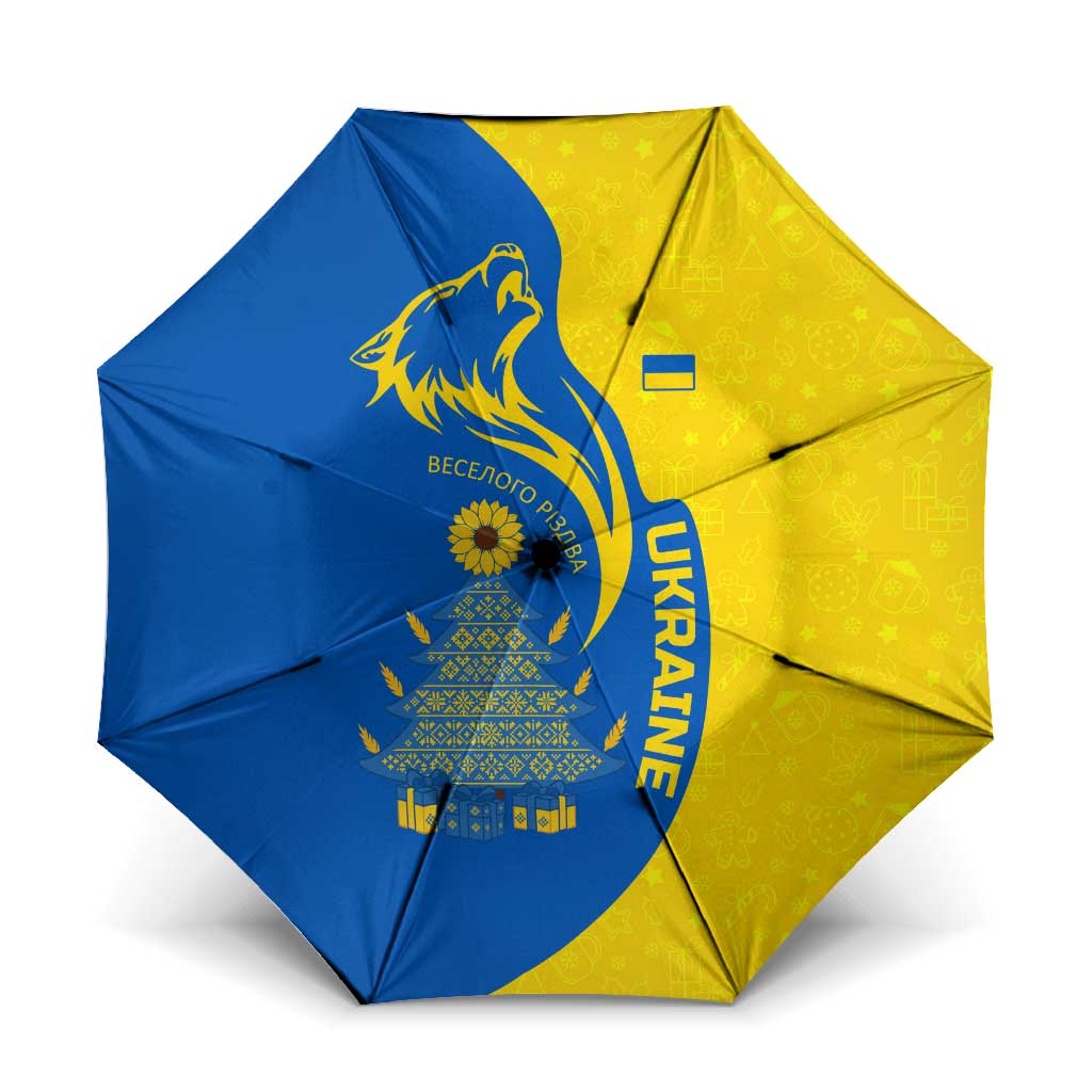 Ukraine Christmas Umbrella with Howling Wolf Sunflower Tree and Traditional Ornament Design - Wonder Print Shop