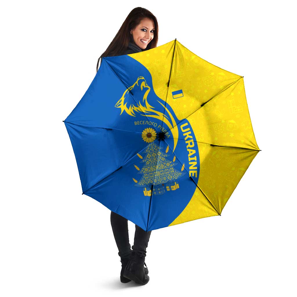 Ukraine Christmas Umbrella with Howling Wolf Sunflower Tree and Traditional Ornament Design - Wonder Print Shop