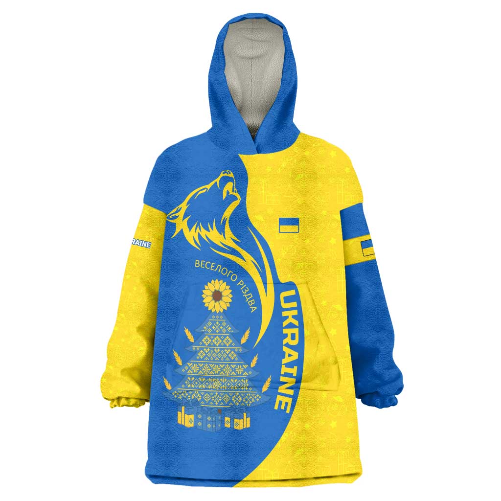Ukraine Christmas Wearable Blanket Hoodie with Howling Wolf Sunflower Tree and Traditional Ornament Design - Wonder Print Shop