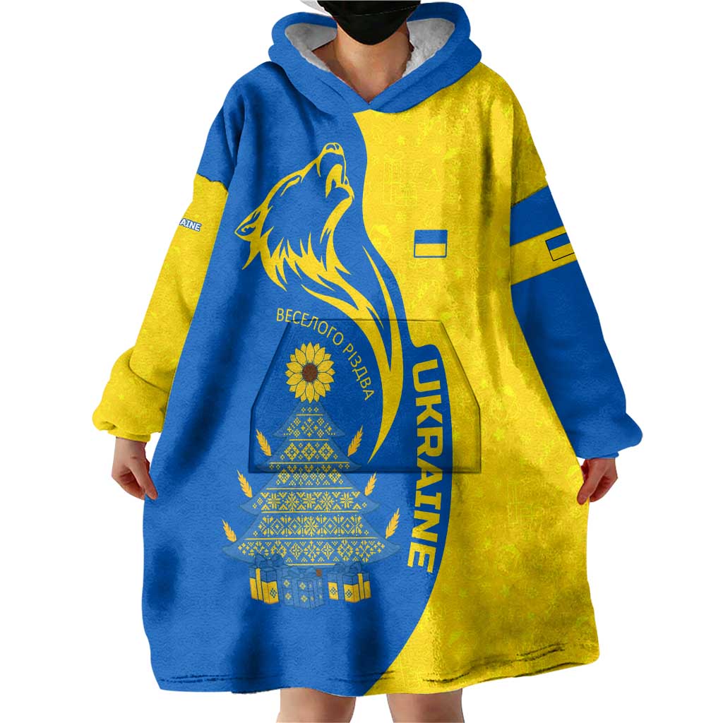 Ukraine Christmas Wearable Blanket Hoodie with Howling Wolf Sunflower Tree and Traditional Ornament Design - Wonder Print Shop