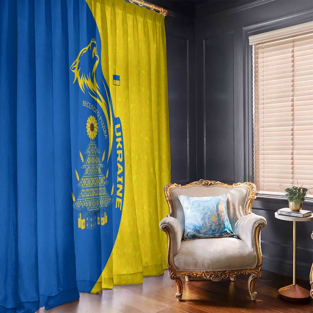 Ukraine Christmas Window Curtain with Howling Wolf Sunflower Tree and Traditional Ornament Design - Wonder Print Shop