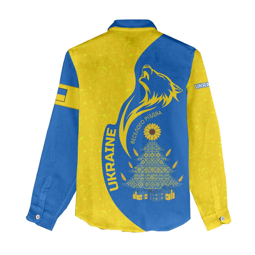 Ukraine Christmas Women Casual Shirt with Howling Wolf Sunflower Tree and Traditional Ornament Design - Wonder Print Shop