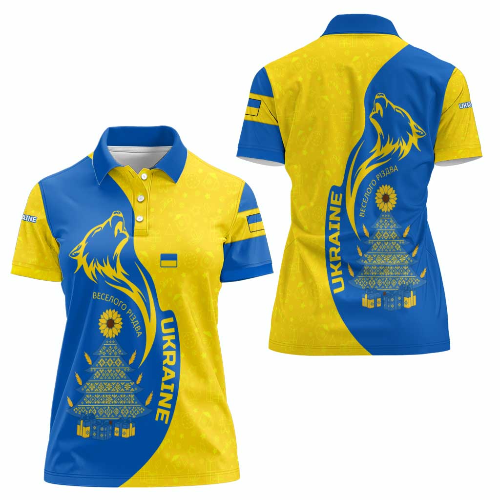 Ukraine Christmas Women Polo Shirt with Howling Wolf Sunflower Tree and Traditional Ornament Design - Wonder Print Shop