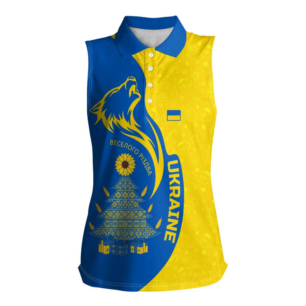 Ukraine Christmas Women Sleeveless Polo Shirt with Howling Wolf Sunflower Tree and Traditional Ornament Design - Wonder Print Shop