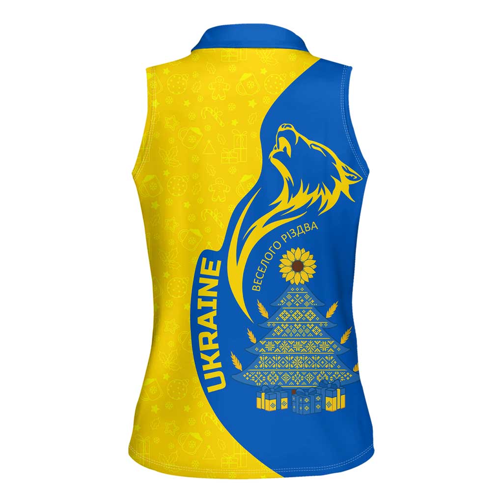 Ukraine Christmas Women Sleeveless Polo Shirt with Howling Wolf Sunflower Tree and Traditional Ornament Design - Wonder Print Shop