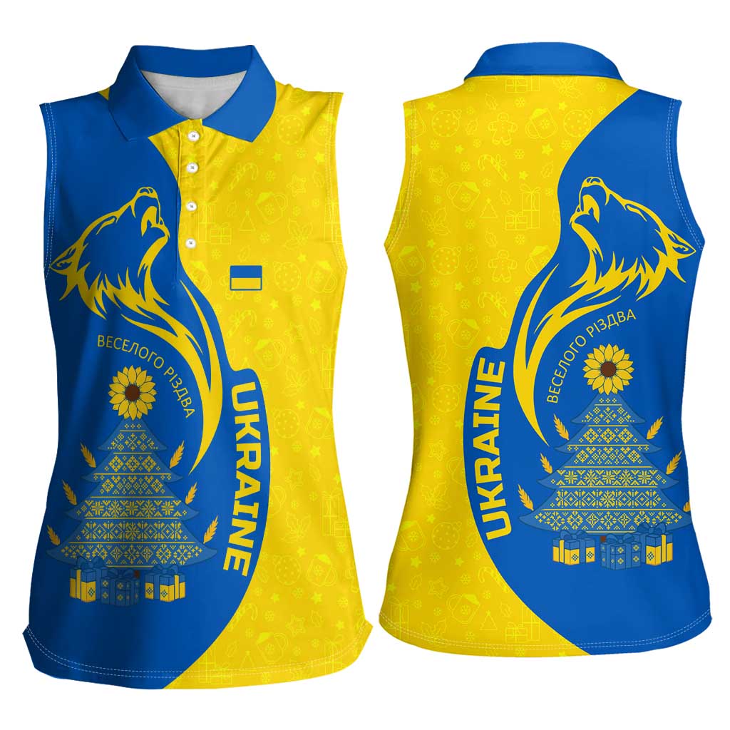 Ukraine Christmas Women Sleeveless Polo Shirt with Howling Wolf Sunflower Tree and Traditional Ornament Design - Wonder Print Shop