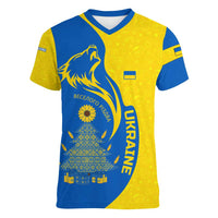 Ukraine Christmas Women V-Neck T-Shirt with Howling Wolf Sunflower Tree and Traditional Ornament Design - Wonder Print Shop