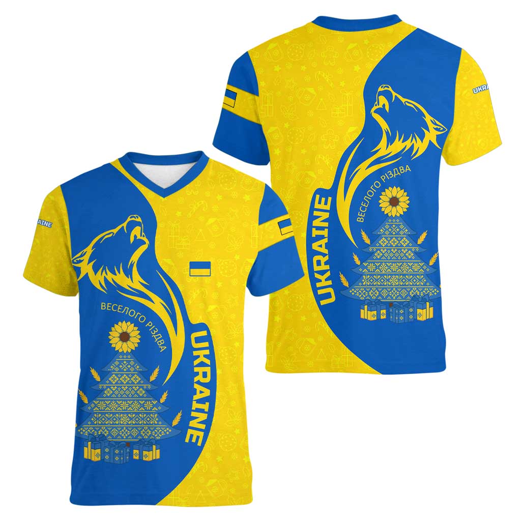 Ukraine Christmas Women V-Neck T-Shirt with Howling Wolf Sunflower Tree and Traditional Ornament Design - Wonder Print Shop