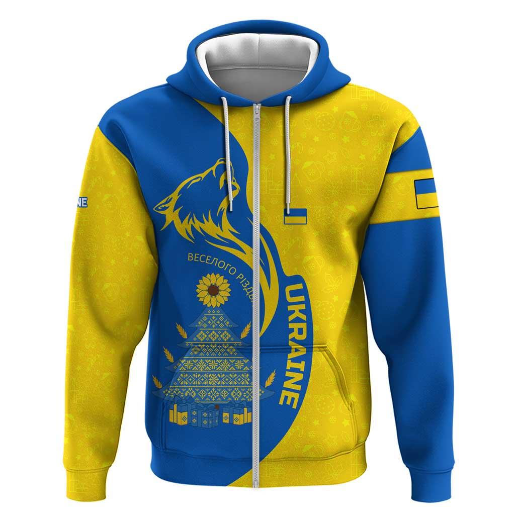 Ukraine Christmas Zip Hoodie with Howling Wolf Sunflower Tree and Traditional Ornament Design - Wonder Print Shop