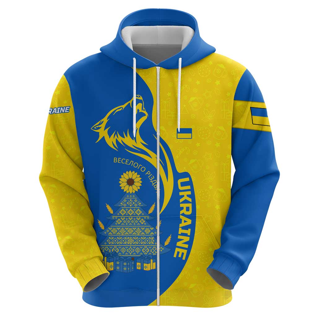Ukraine Christmas Zip Hoodie with Howling Wolf Sunflower Tree and Traditional Ornament Design - Wonder Print Shop