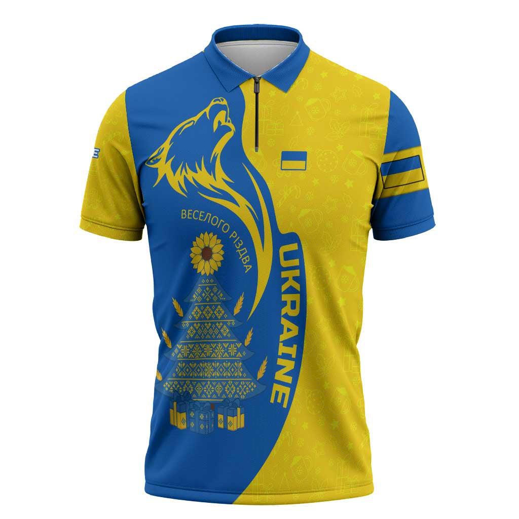 Ukraine Christmas Zipper Polo Shirt with Howling Wolf Sunflower Tree and Traditional Ornament Design - Wonder Print Shop
